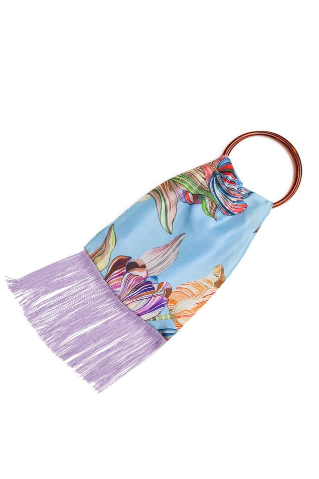 Small printed silk bag embellished with fringes 