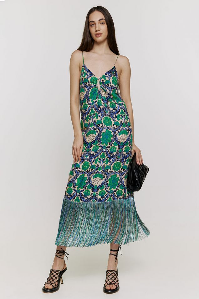 Printed slip dress embellished with fringes