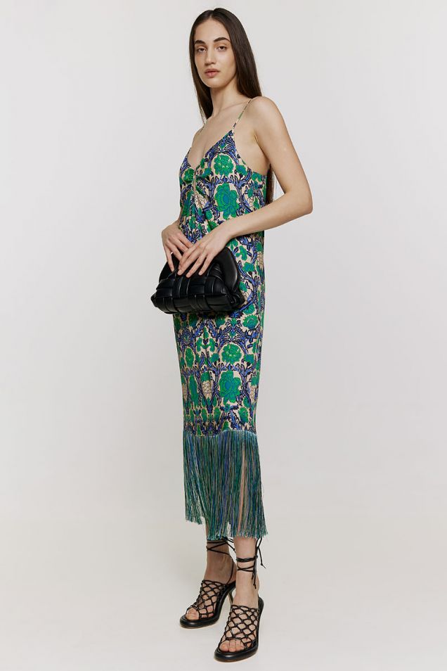 Printed slip dress embellished with fringes