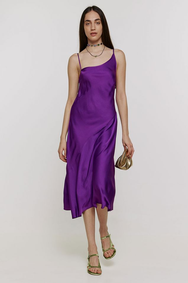 Midi  asymmetric  satin slip-dress in purple