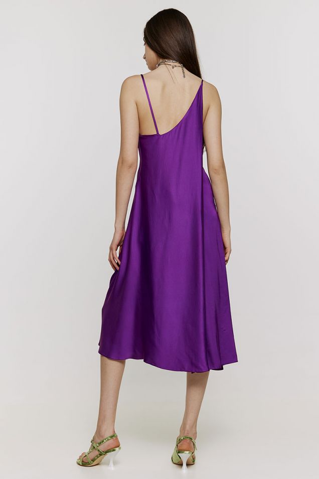 Midi  asymmetric  satin slip-dress in purple