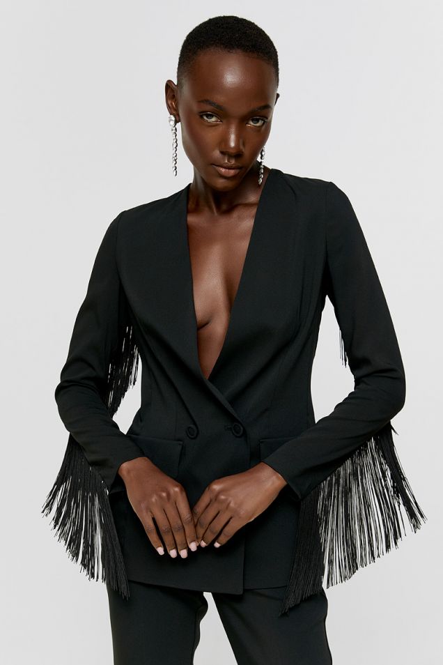 Double breasted blazer in stretchy viscose crepe, collarless and fringed 