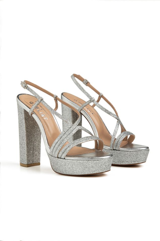 Plateau sandals in silver nappa leather and glitter