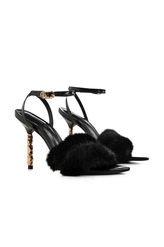 Leather sandals  with synthetic fur and pink gold heels