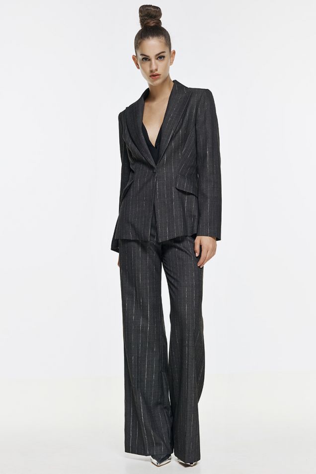 Palazzo pants in translucent pinstripe with smoked button motif 
