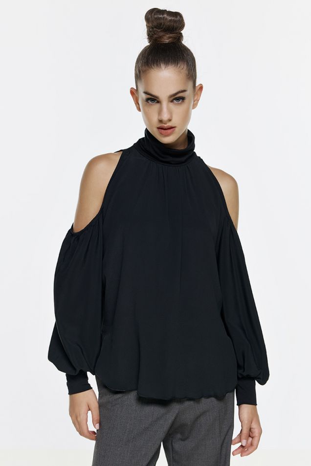 Crepe de chine top with cut-outs and jersey details