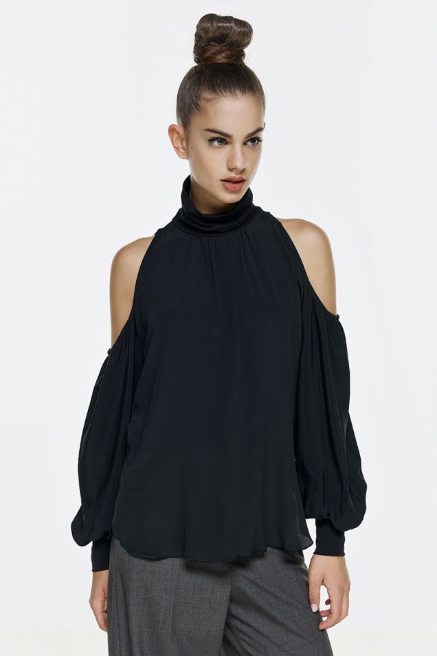 Crepe de chine top with cut-outs and jersey details
