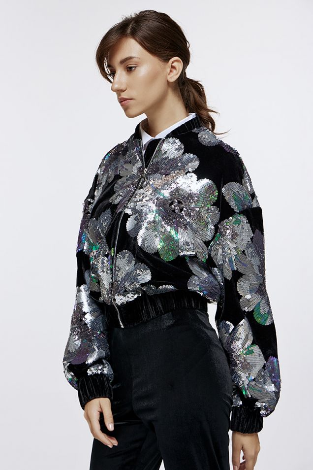 Sequin-embellished velvet bomber jacket
