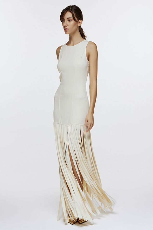 Sleeveless dress in stretch crêpe cady with fringed details