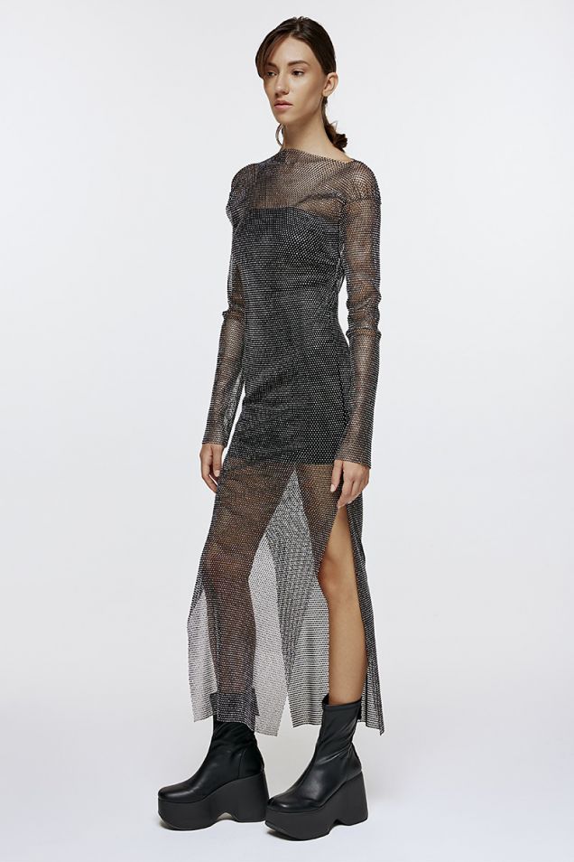 Crystal embellished fishnet midi dress