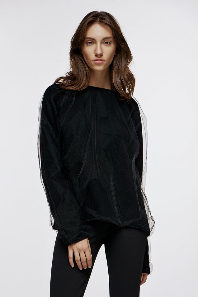 Black sweater embellished with tulle 