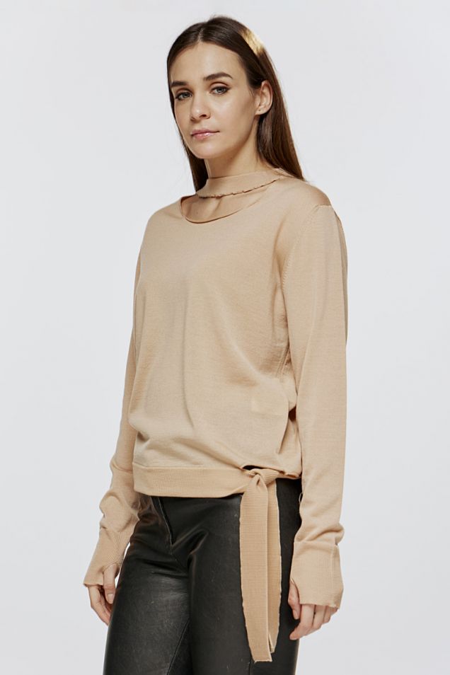 Sweater in merino wool with cut-out details and tie-up hems