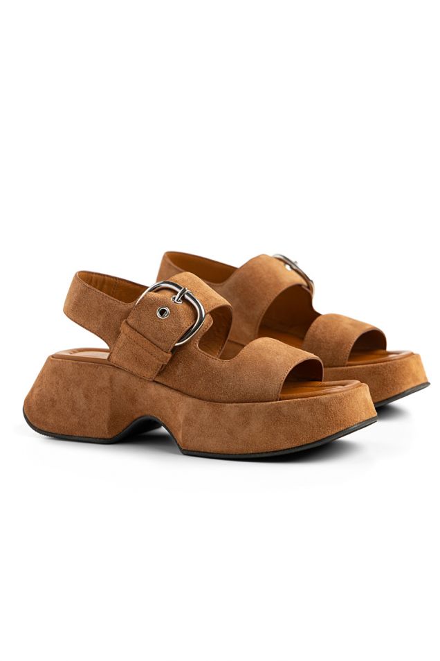 Band sandals in soft tobacco -brown split calfskin