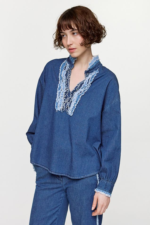 Silk denim blouse embellished with small ruffles