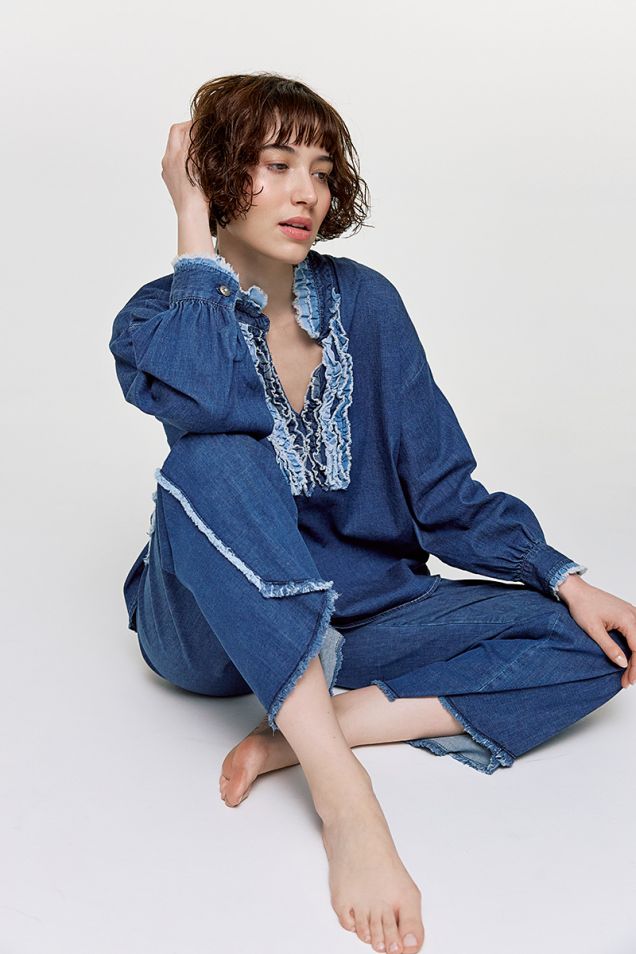 Silk denim blouse embellished with small ruffles