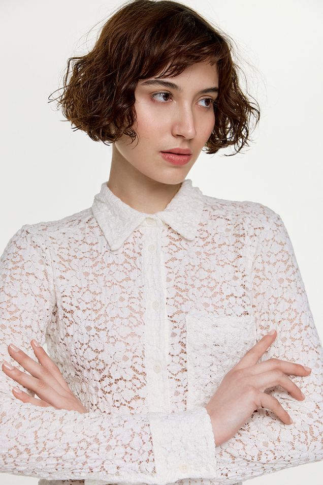 White stretch cotton-blend  lace shirt 