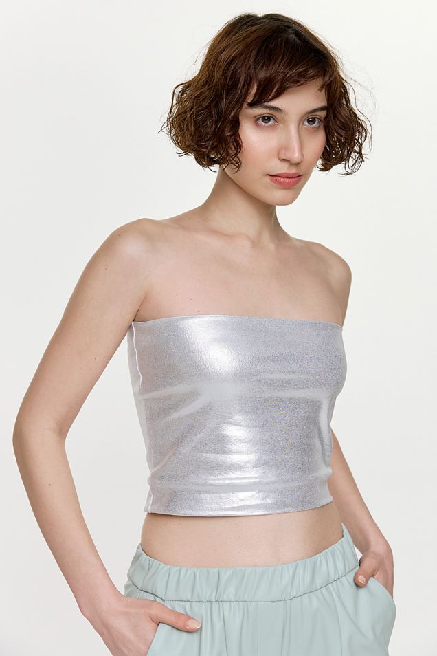 Cropped strapless top in silver 
