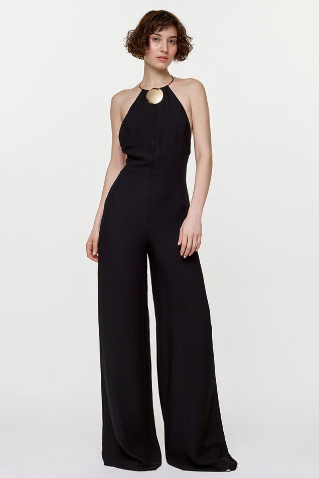 Double georgette palazzo jumpsuit in black