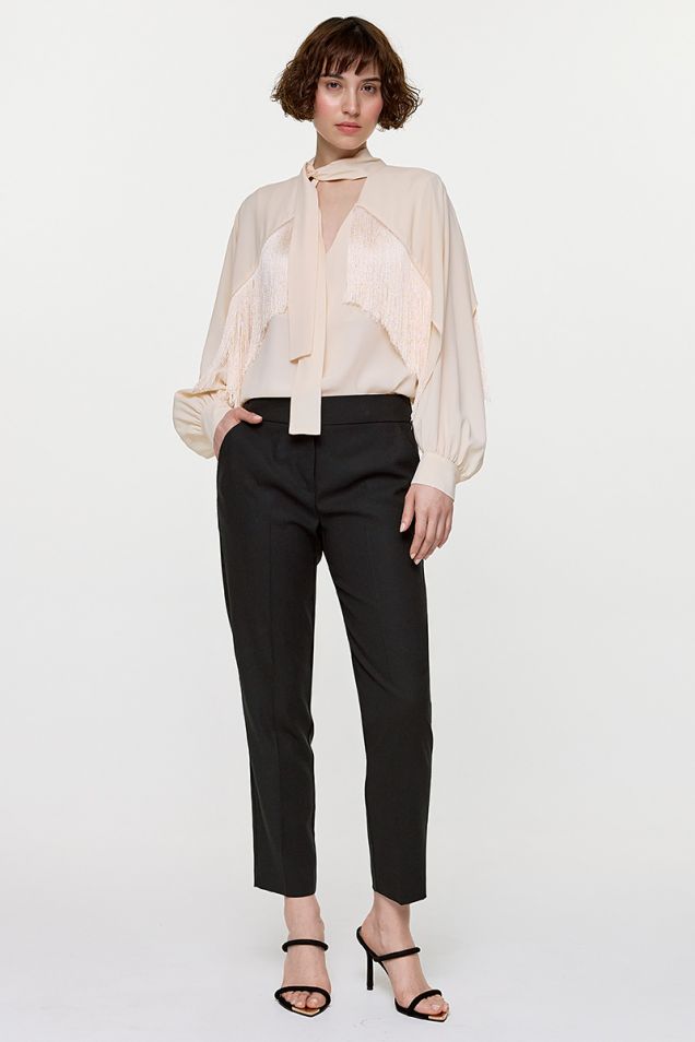 Blouse in silk acetate embellished with fringes