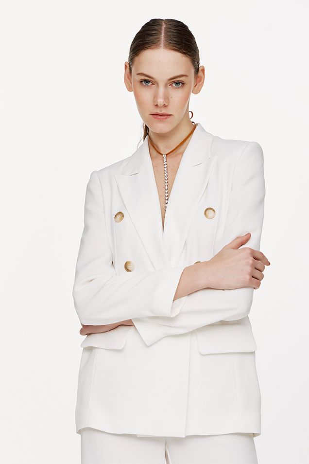 Double-breasted blazer in crepe satin with faux horn buttons