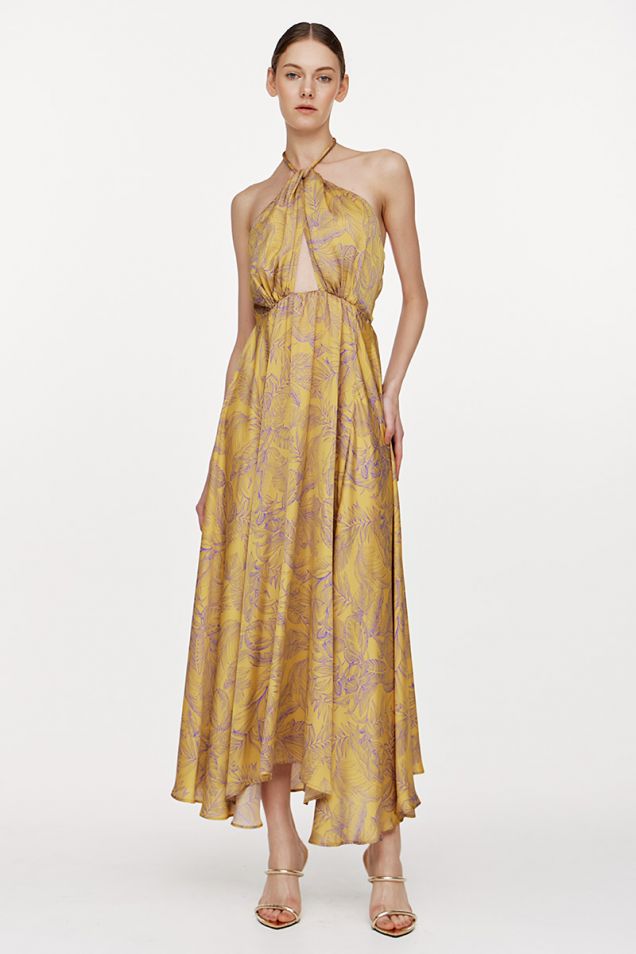 Maxi halterneck printed dress  with cutouts
