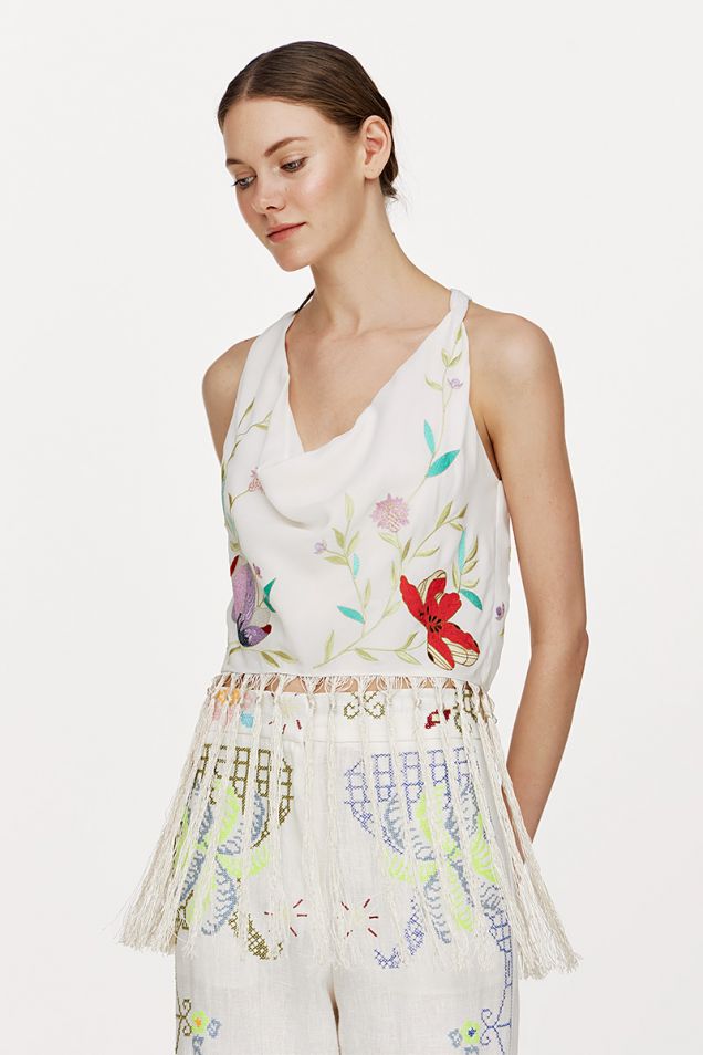 top in viscose crêpe with embroidered “heaven” detailing