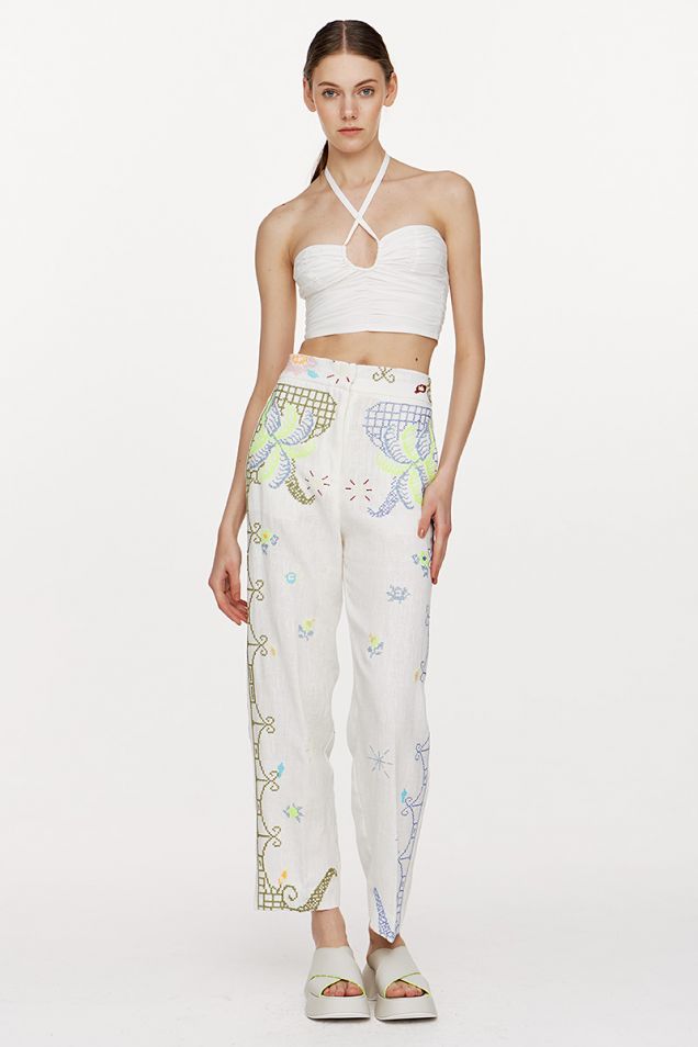 linen trousers with “eden” embroidery work