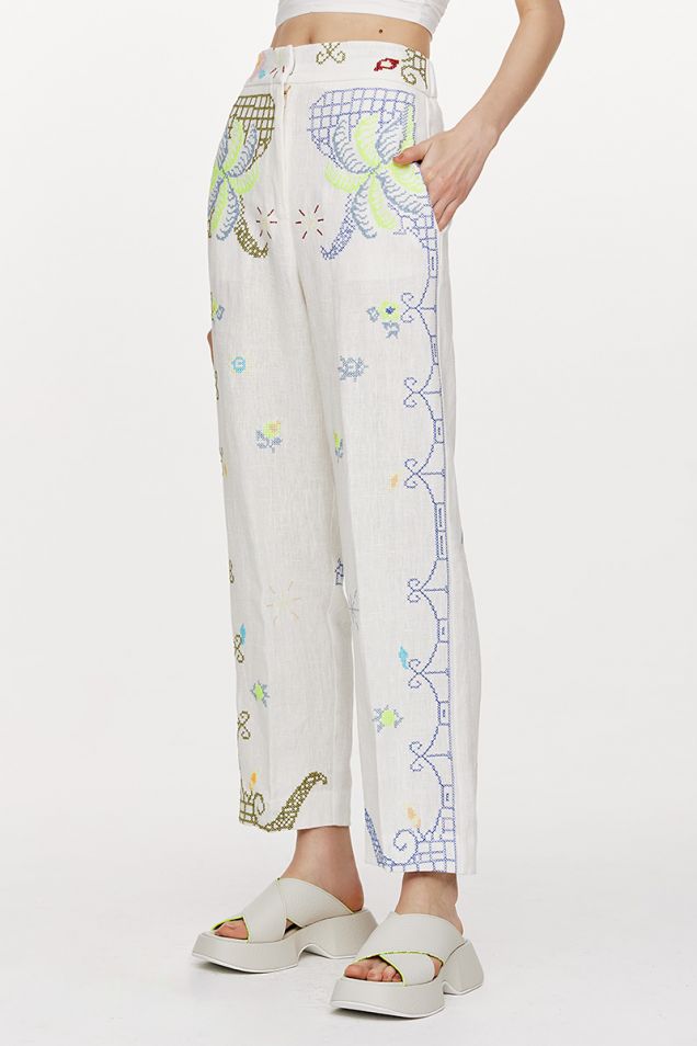 linen trousers with “eden” embroidery work