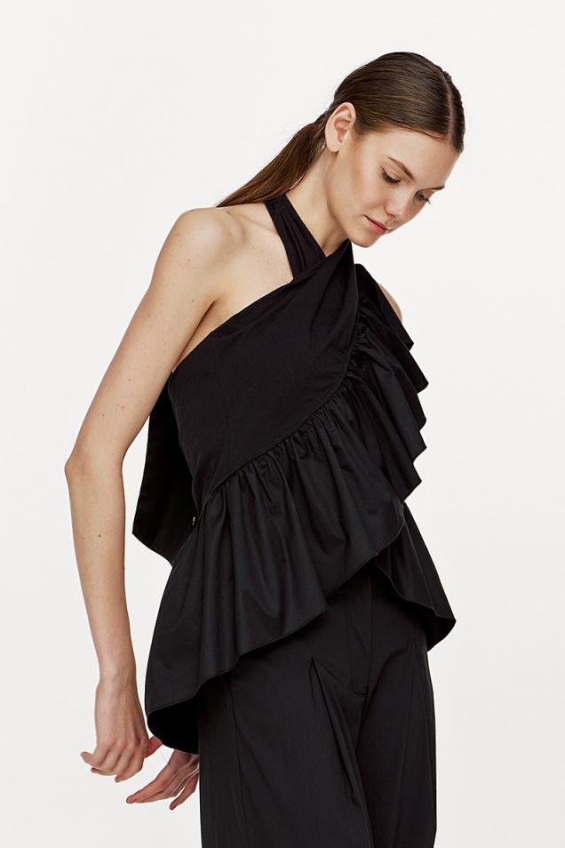 Wrap halterneck top embellished with ruffles