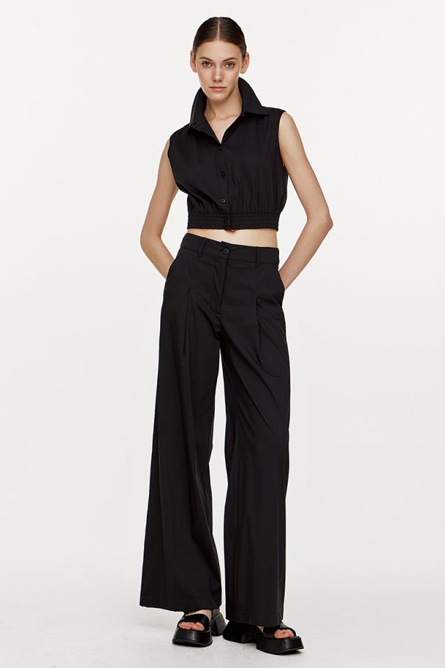 Wide-leg cotton-poplin pants in black