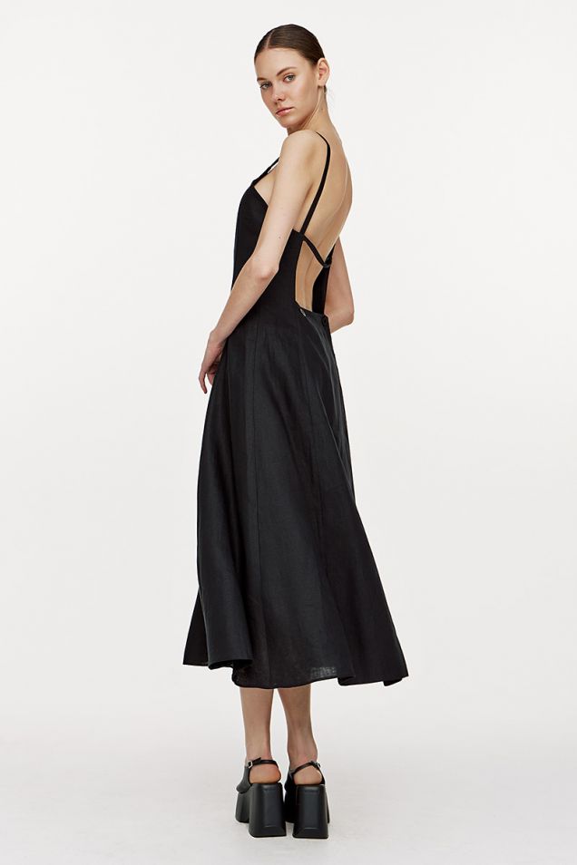 Linen black  midi dress with open back 