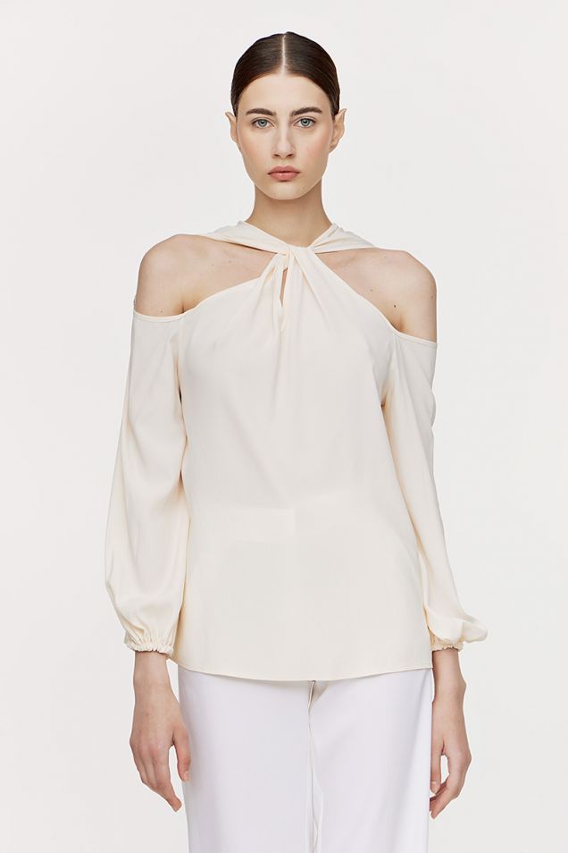 Off-shoulder ivory blouse in silk acetate
