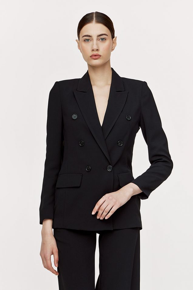Double-breasted blazer in crepe satin with faux horn buttons