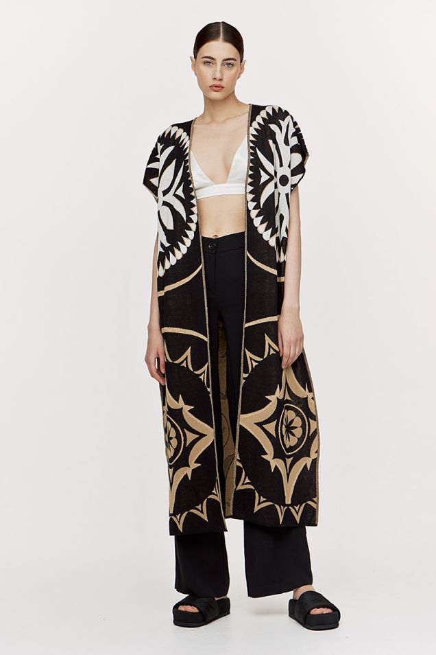 Jacquard knit geometric pattern  maxi sleeveless cardigan 