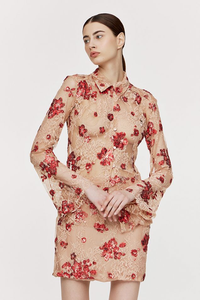 Lace shirt embellished with sequined embroideries