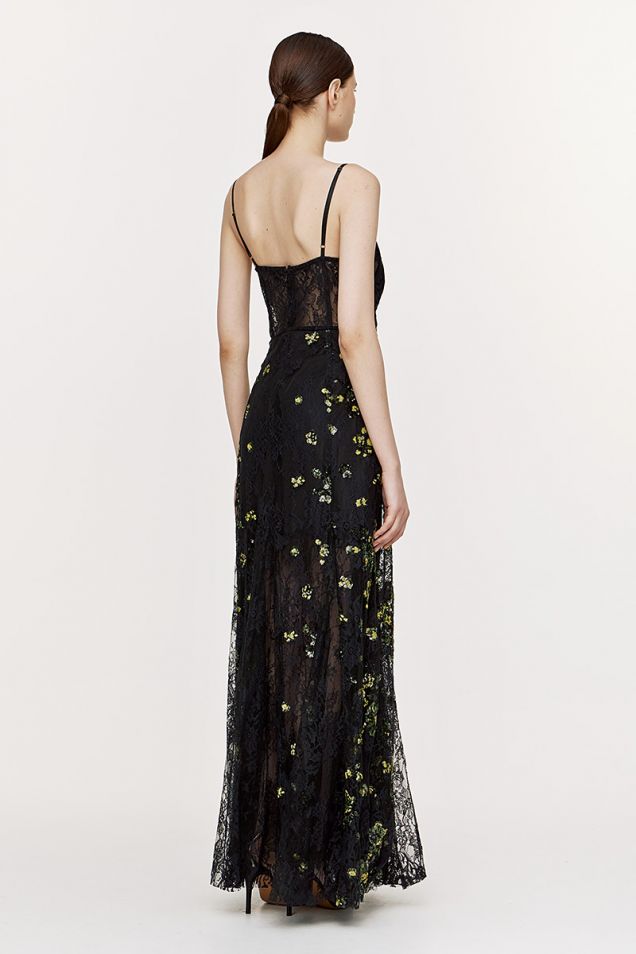Maxi lace dress embellished with sequined embroideries
