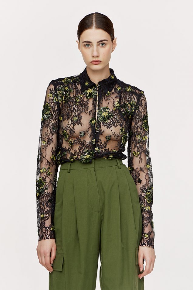 Lace shirt embellished with sequined embroideries