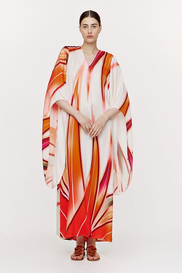 Μάξι φόρεμα με prints και μανίκια σε στυλ κιμονό
