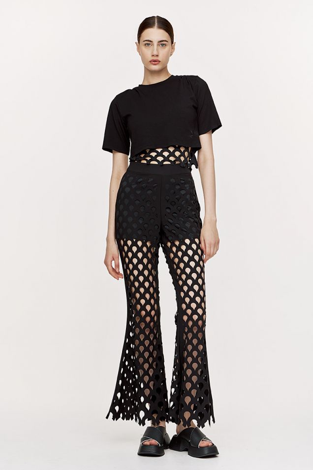 Flared pants with laser cut patterns
