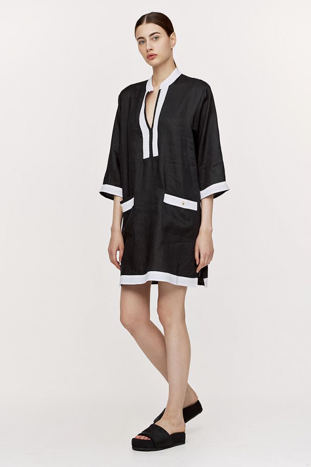 Linen short dress in black and white 