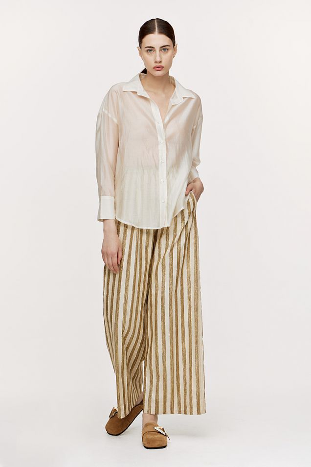Pants in cotton and linen with lurex