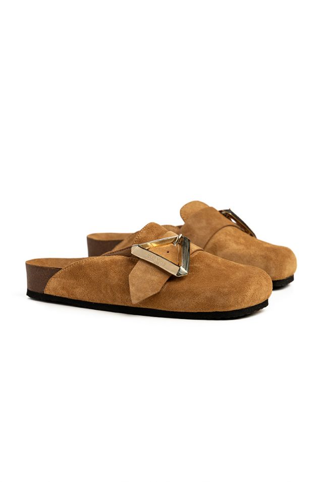 Suede buckled clogs