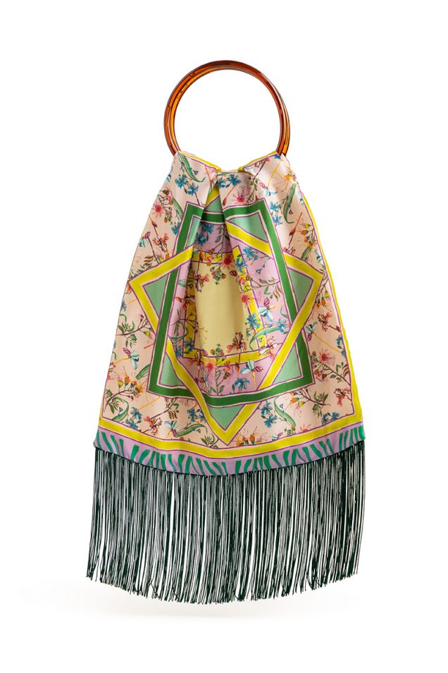 Silk printed pouch embellished with fringes