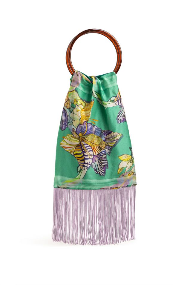 Silk printed pouch embellished with fringes
