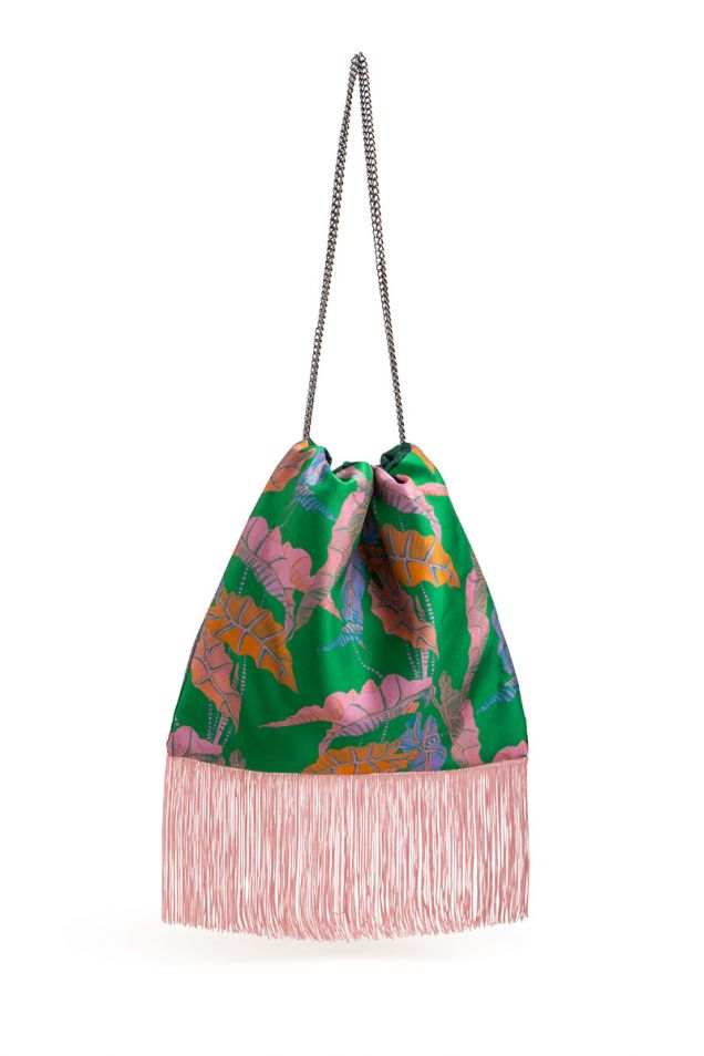 Drawstring silk printed  pouch embellished with fringes