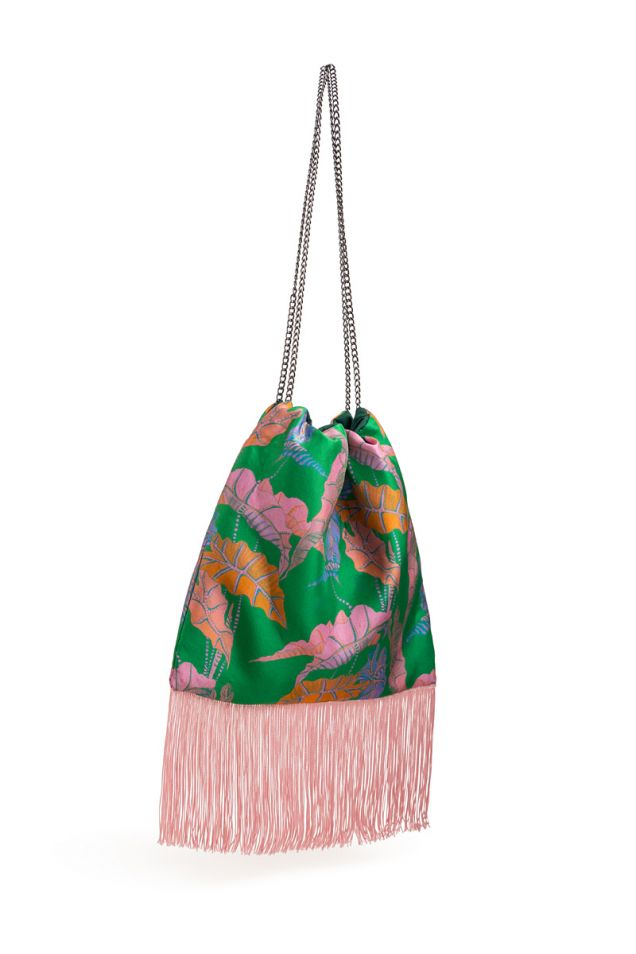 Drawstring silk printed  pouch embellished with fringes