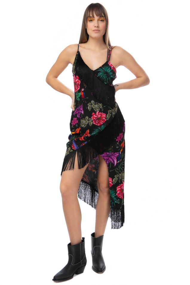 Asymmetrical dress with fringes in stamped crepe de chine 