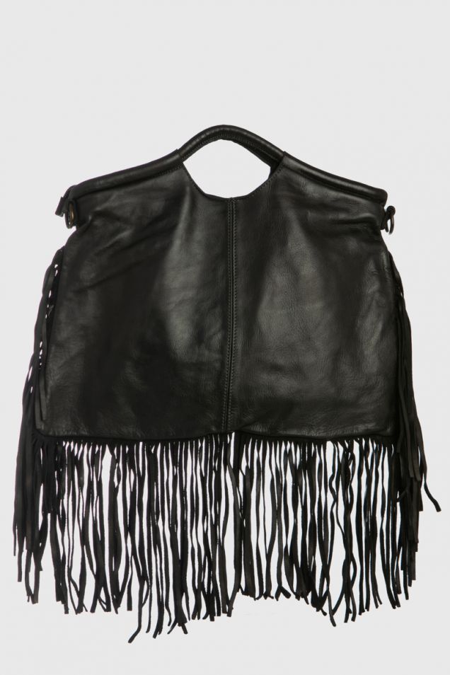 Fringed leather black bag