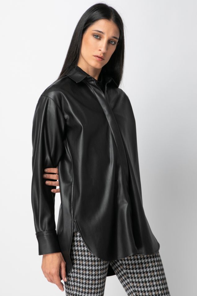 Oversized vegan synthetic leather black shirt