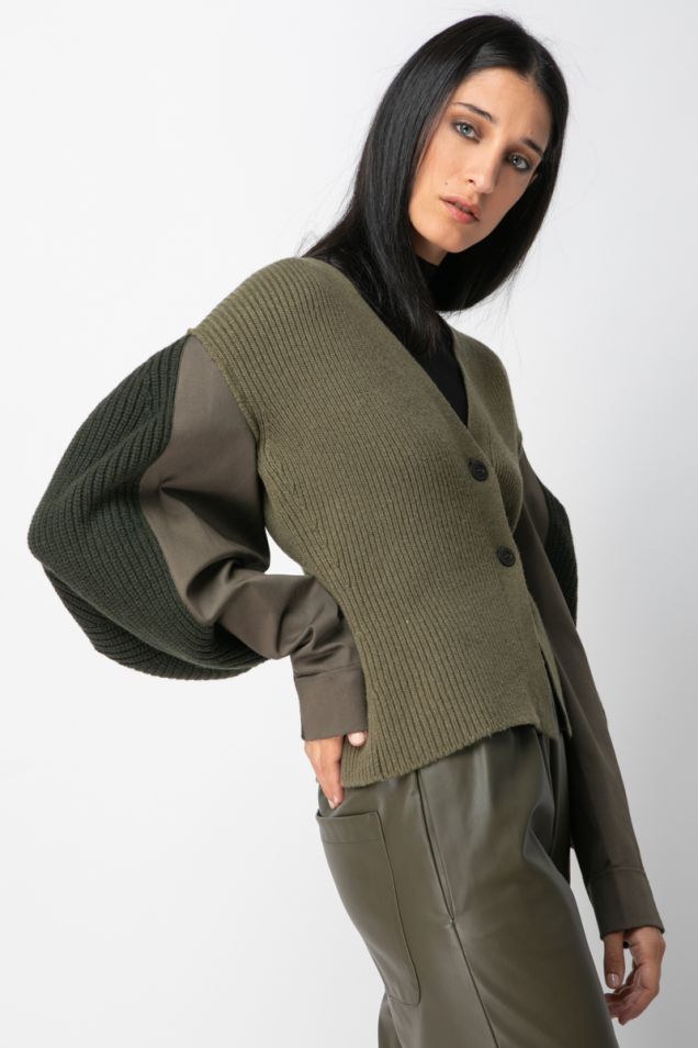 Military knitted cardigan with puffed sleeves